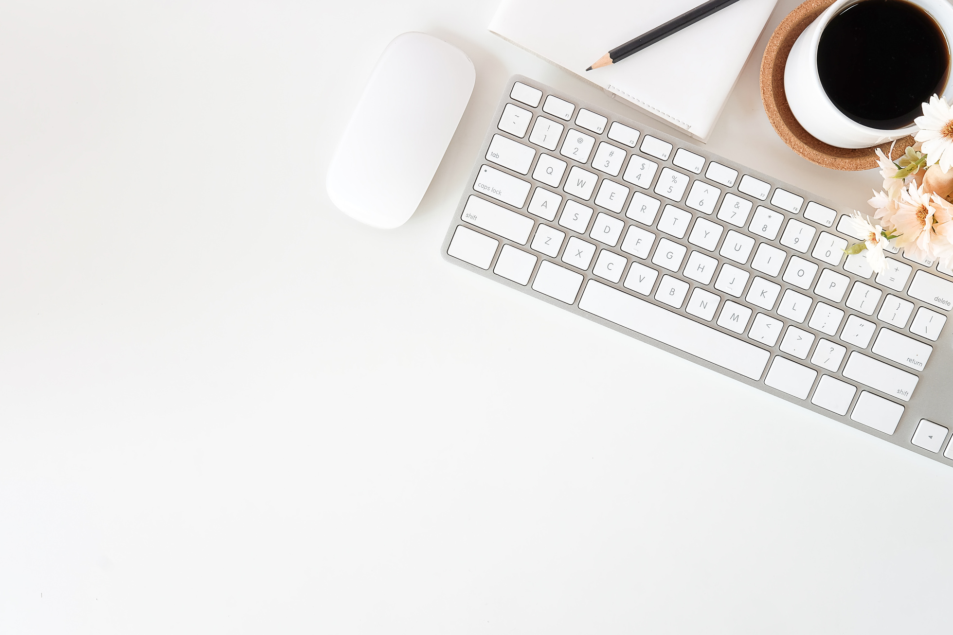 Workspace with Coffee and Computer Keyboard Flatlay